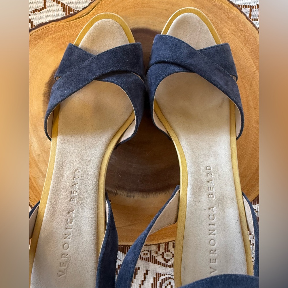 Veronica Beard Blue Suede Studded Heeled Sandals Criss Cross Ankle Strap, 7.5 - Picture 11 of 12